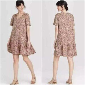 A New Day Leopard Drop Waist Ruffle Dress Size L Cream Brown Short Sleeve Mini